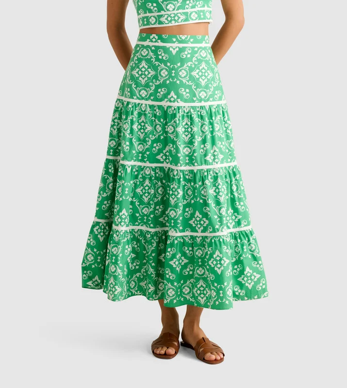 فورايفر نيو MONA Printed Binding Tiered Midi Skirt